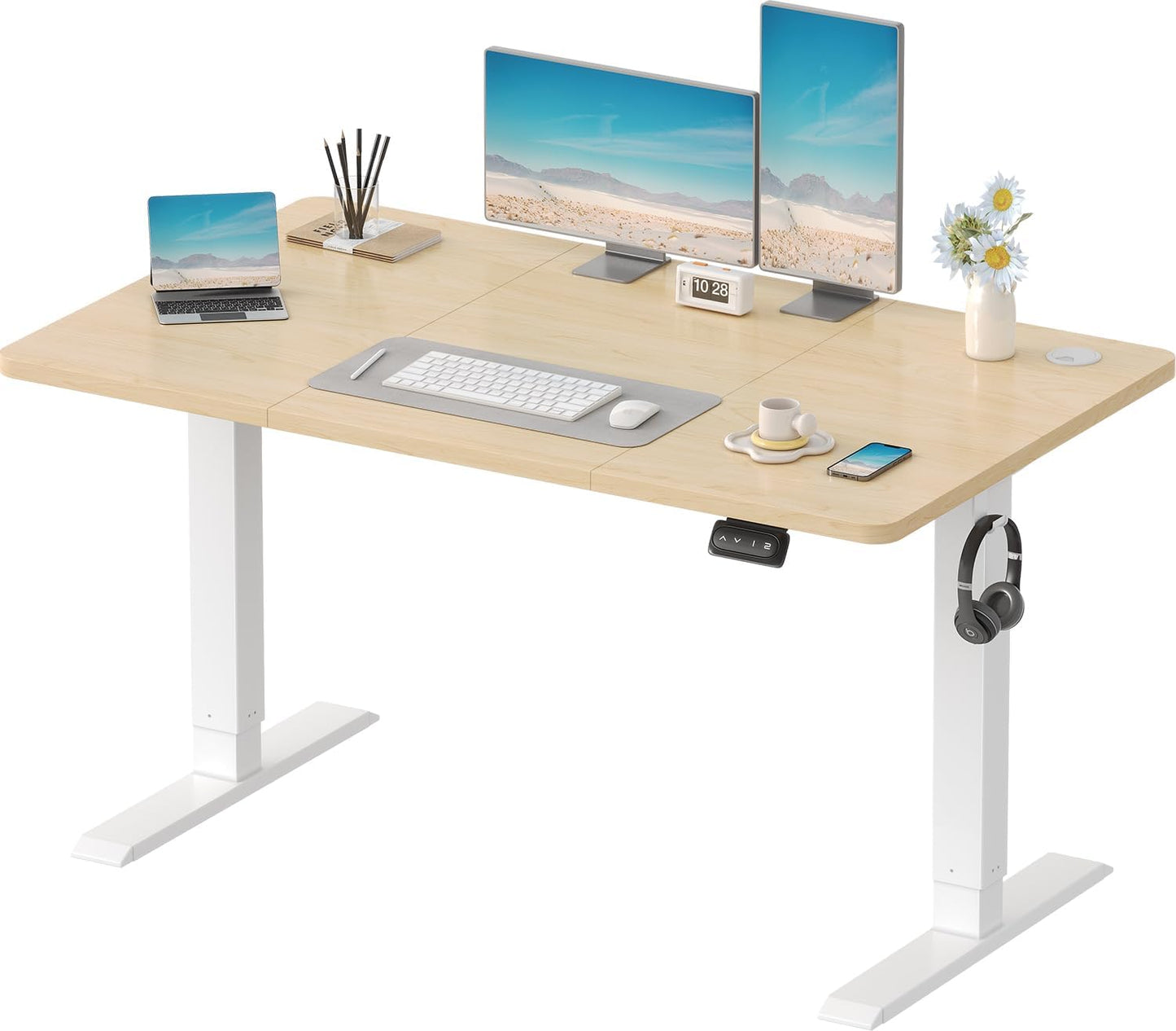 Electric Standing Desk 120X60Cm Sit Stand Table Height Adjustable Desk with Backpack Hook and Memory Smart Panel, Home Office with Splice Board, Beige | Ergonomic Desk Table with 2 Memory for Telework, Anti-Collision Function, Noise <50 Db, Load 70 Kg