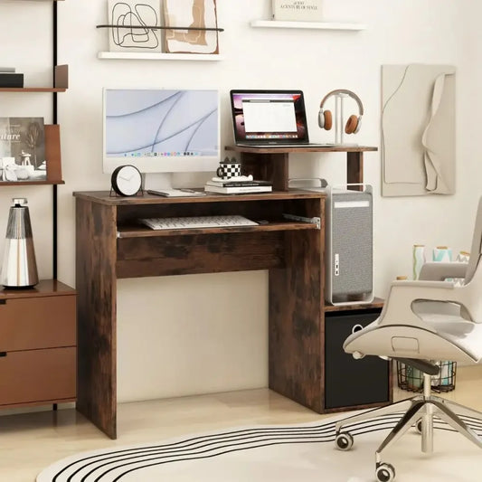 Space-Saving Computer Desk with Open Shelf and Fabric Storage Drawer - Ergo Heights