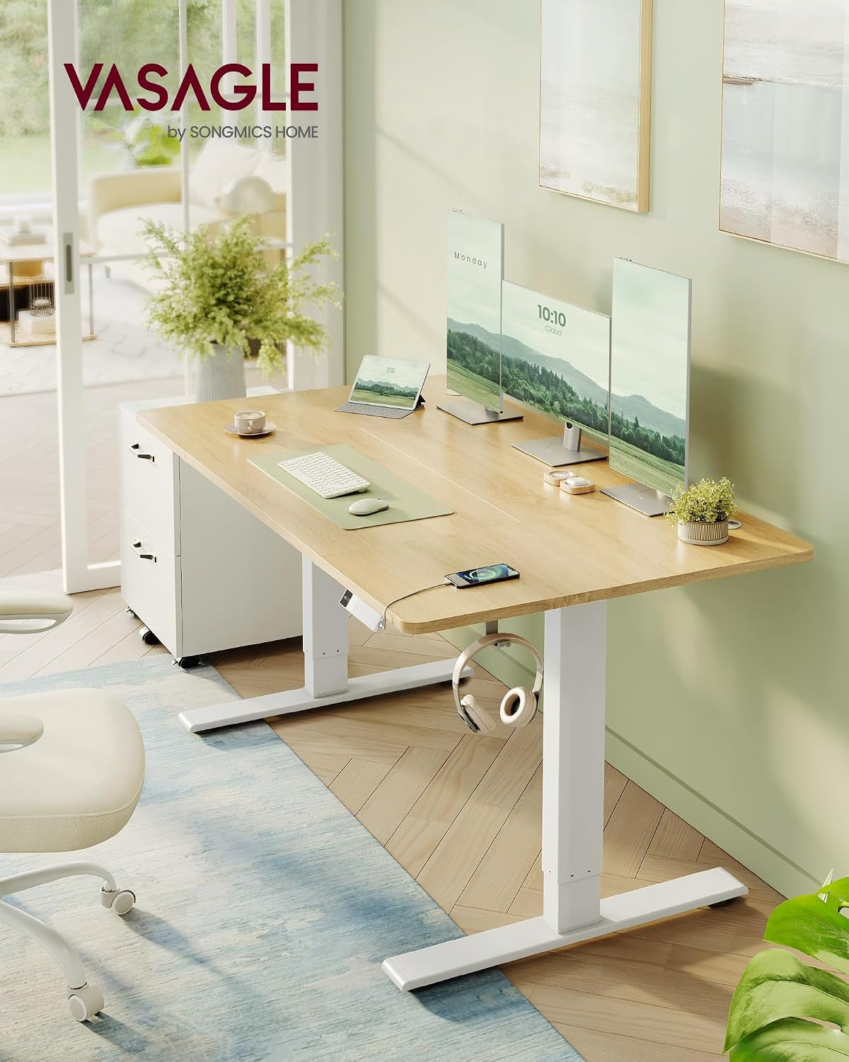 Electric Standing Desk, USB C Port, Cable Tray, Golden Oak