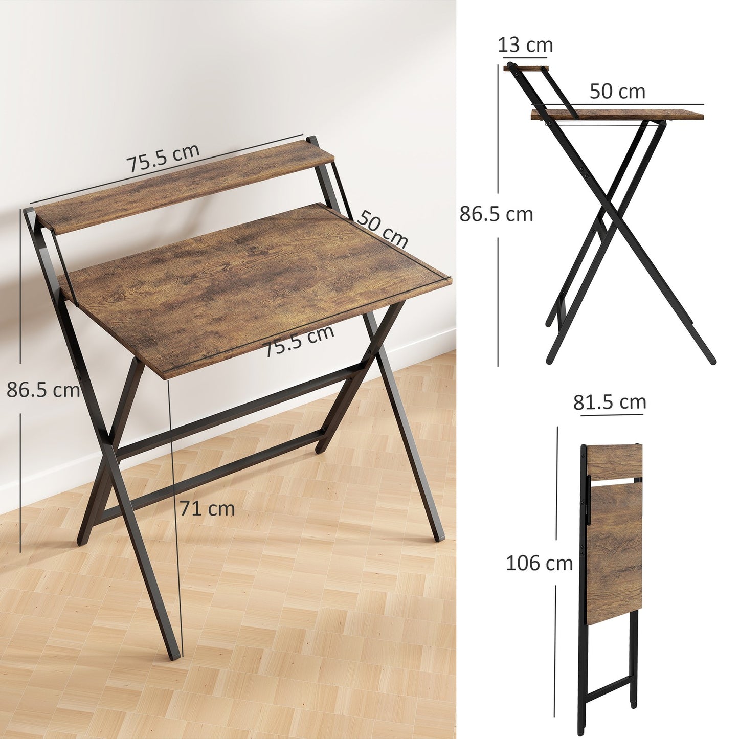 Small Folding Desk W/ Monitor Shelf 81.5 Cm Foldable Computer Desk Rustic Brown