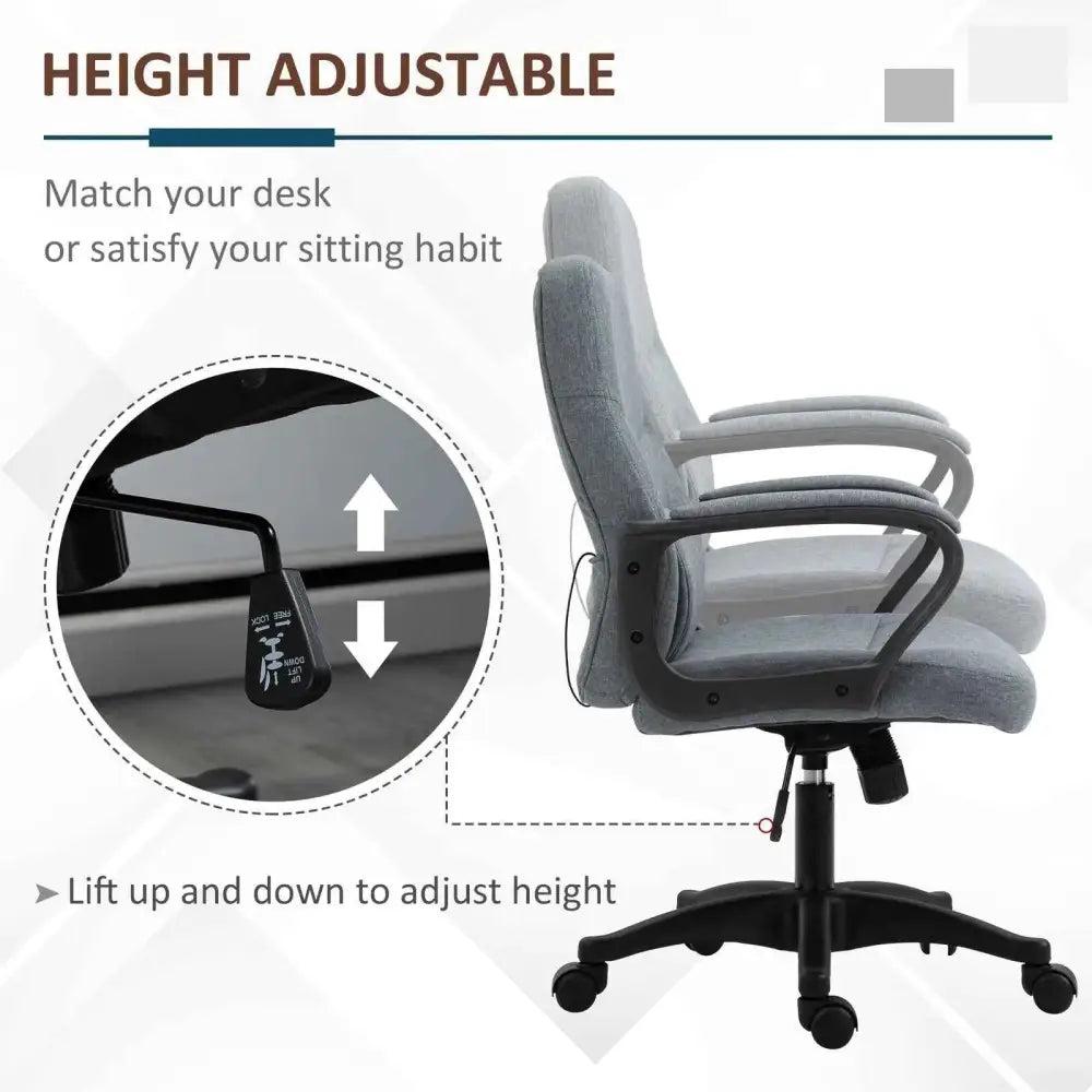 Gray fabric office chair with black metal frame and casters, featuring height-adjustable mechanism.