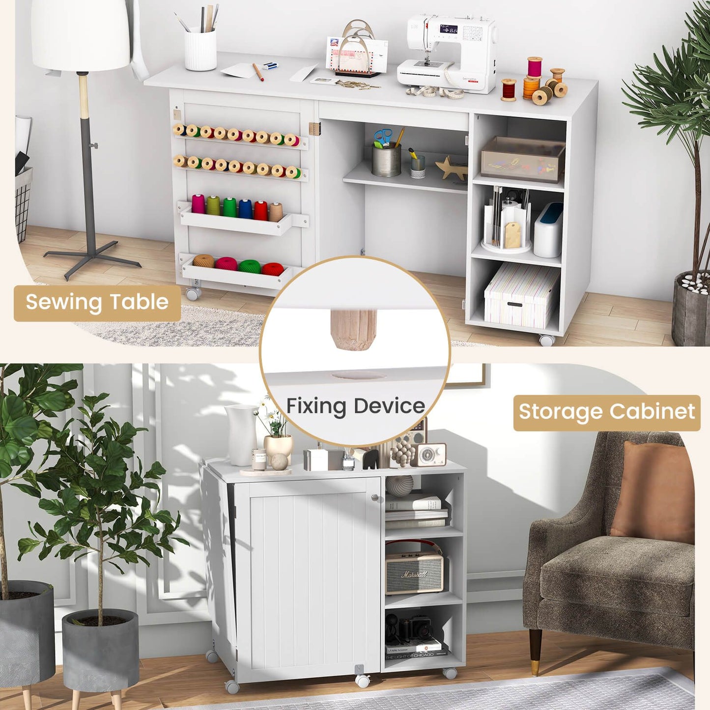 Folding Sewing Table with Storage Shelves and 18 Pegs and Lockable Casters