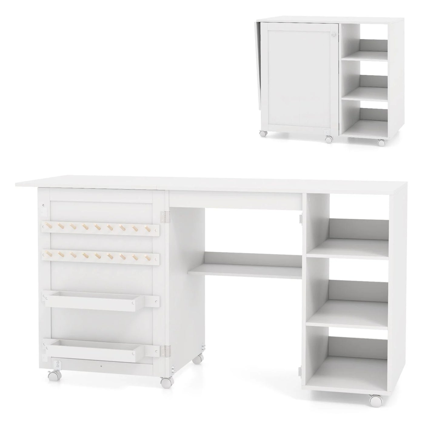 Folding Sewing Table with Storage Shelves and 18 Pegs and Lockable Casters