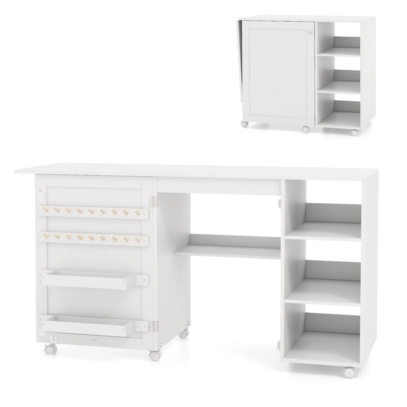 Folding Sewing Table with Storage Shelves and 18 Pegs and Lockable Casters