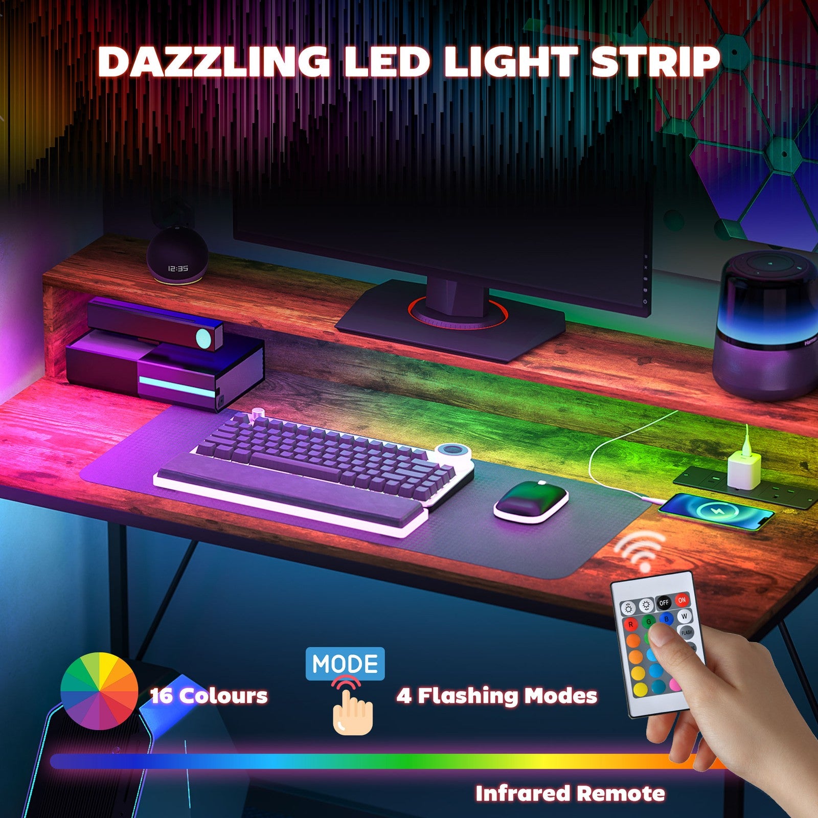 HOMCOM Computer Table with LED Lights, Gaming Desk with Shelf, Rustic Brown