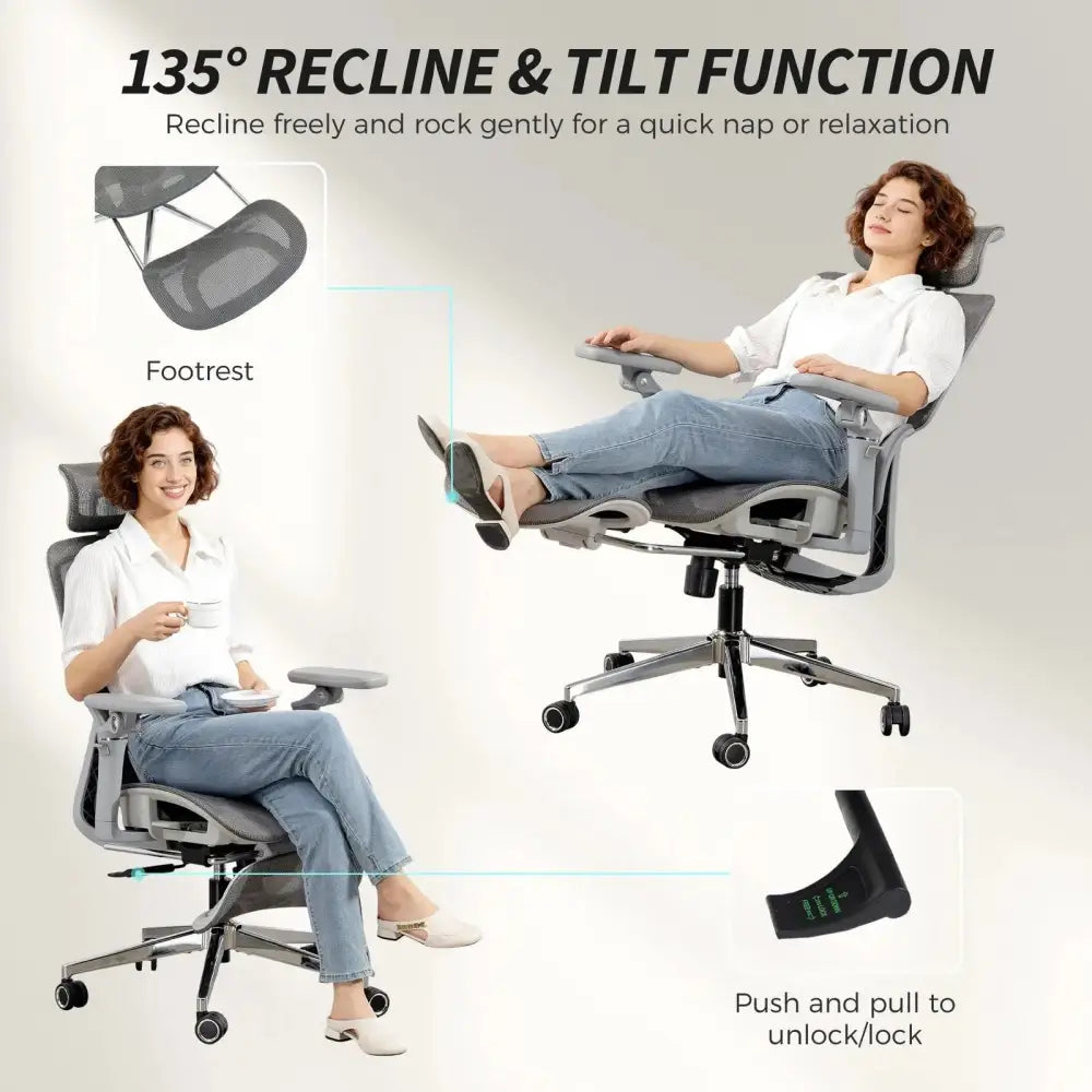 Ergonomic high-back grey mesh chair with separated backrest and lumbar support, adjustable headrest and armrests.