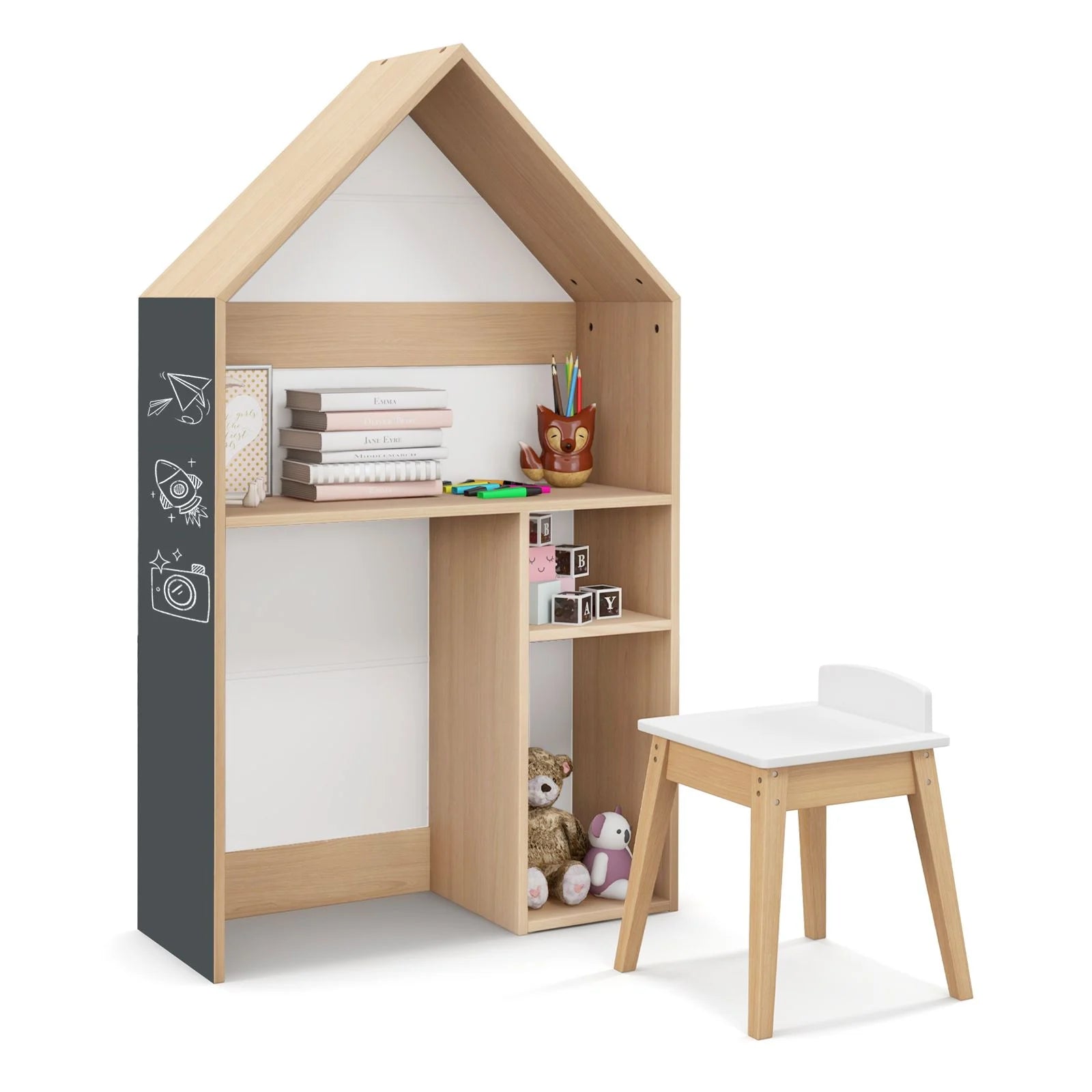 Wooden Kids Table and Chair Set House-Shaped with Blackboard