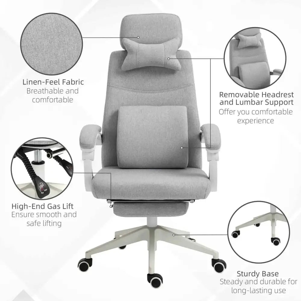 Gray linen-feel fabric office chair with removable headrest and lumbar support.