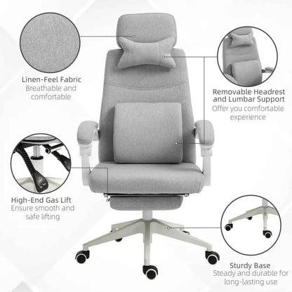 Gray linen-feel fabric office chair with removable headrest and lumbar support.