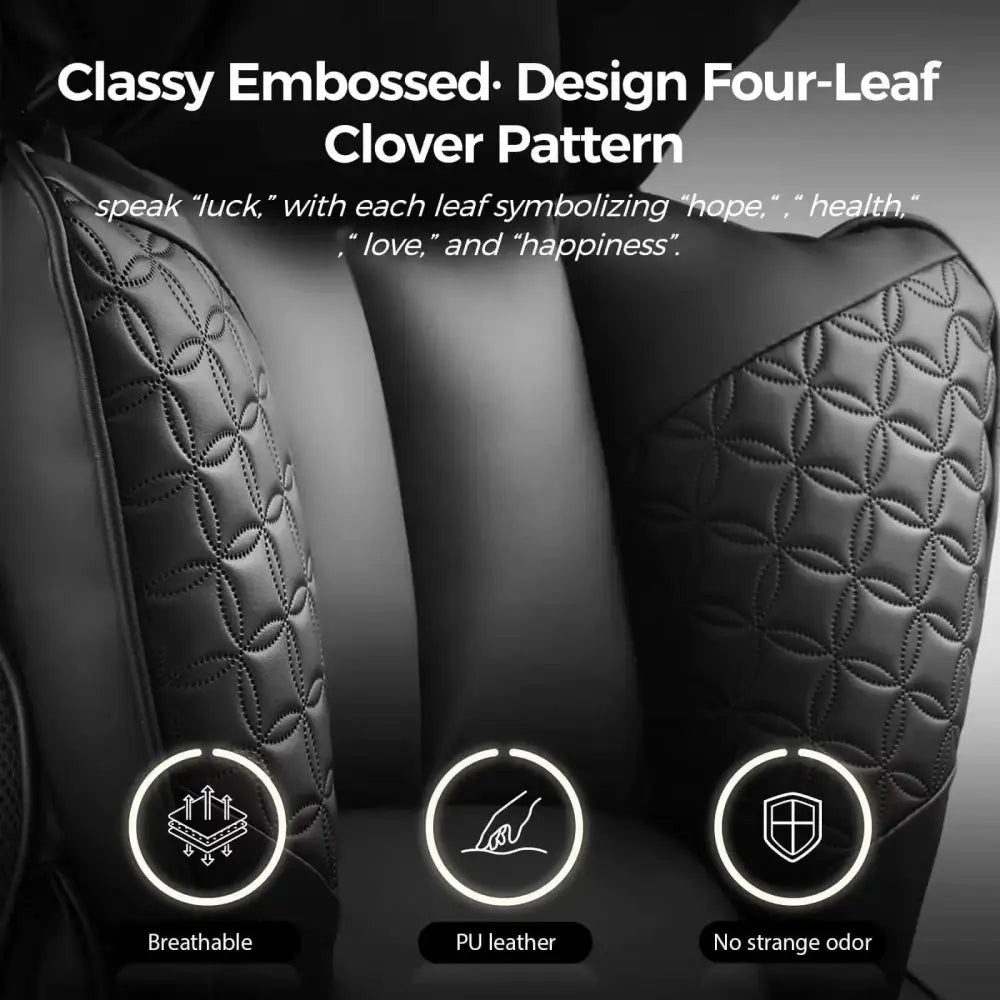Black pu leather car seat cover with a classy embossed four-leaf clover pattern.
