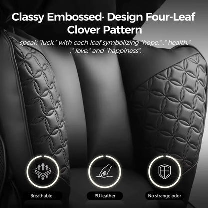 Black pu leather car seat cover with a classy embossed four-leaf clover pattern.
