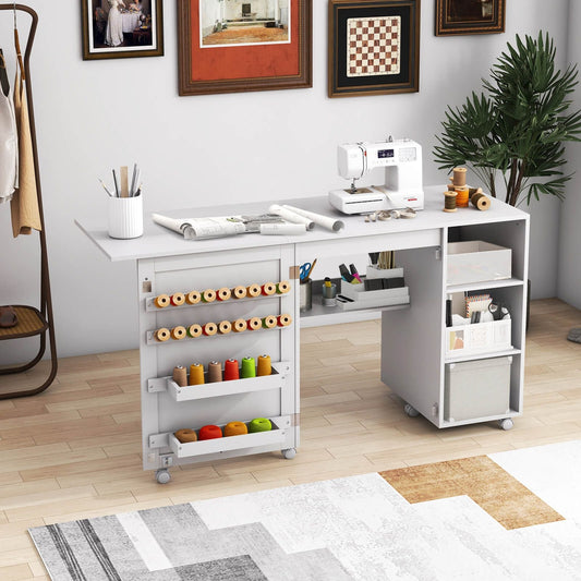Folding Sewing Table with Storage Shelves and 18 Pegs and Lockable Casters