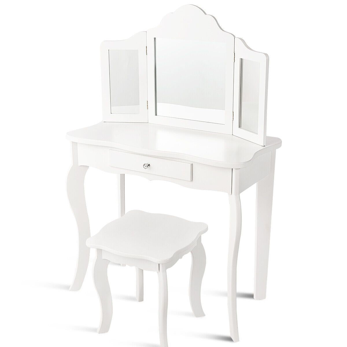 Kids Wooden Vanity Table and Stool Set with Detachable Top Folding Mirrors