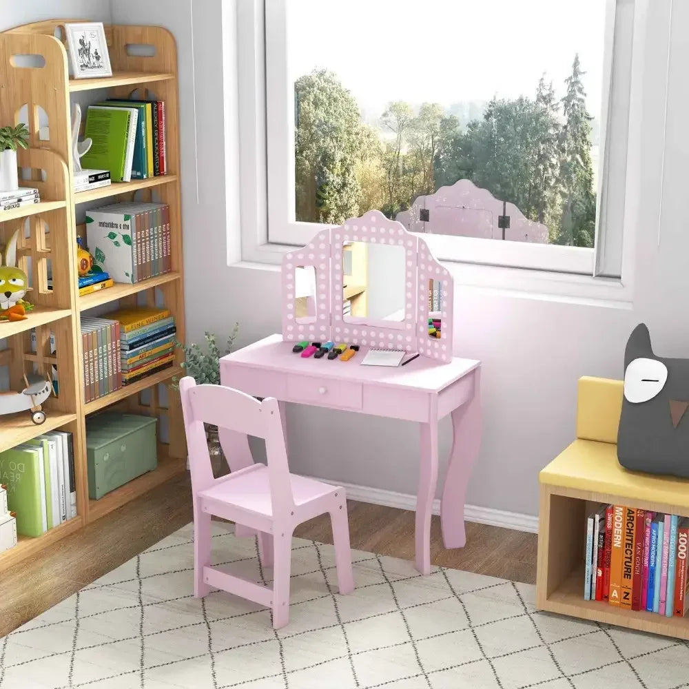 Children Vanity Set with Chair - Pink Polka Dot Design - Ergo Heights