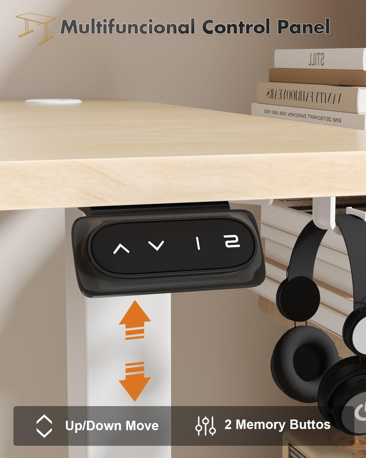 Electric Standing Desk 120X60Cm Sit Stand Table Height Adjustable Desk with Backpack Hook and Memory Smart Panel, Home Office with Splice Board, Beige | Ergonomic Desk Table with 2 Memory for Telework, Anti-Collision Function, Noise <50 Db, Load 70 Kg