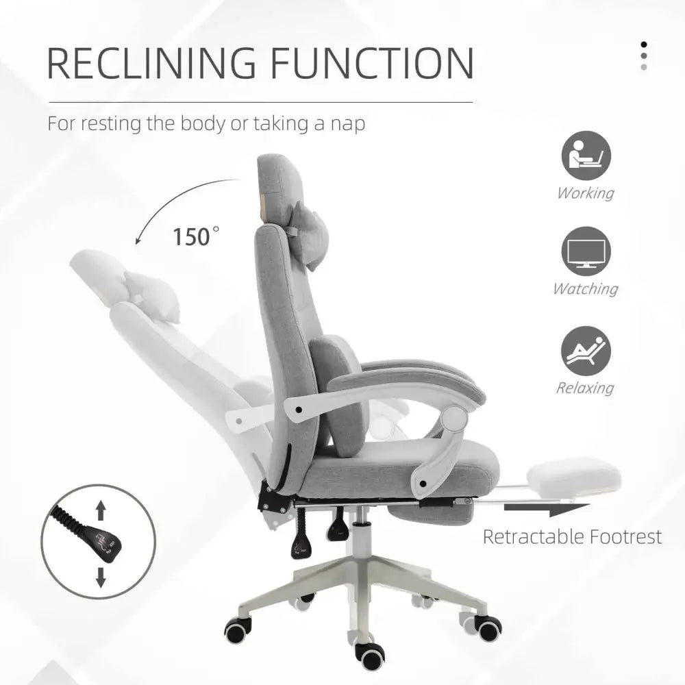 Gray reclining office chair with a fabric seat and back, adjustable armrests, and a retractable footrest.