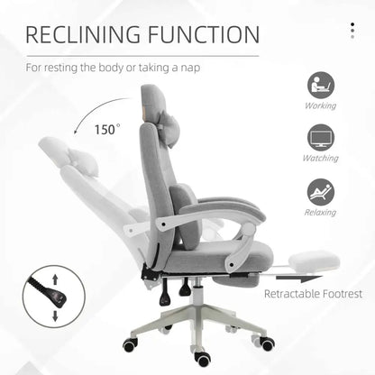 Gray reclining office chair with a fabric seat and back, adjustable armrests, and a retractable footrest.