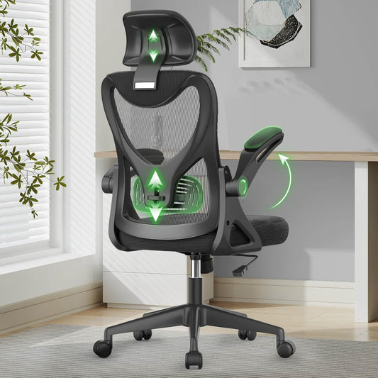 Office Chair - Ergonomic Desk Chair with Lumbar Support Headrest Adjustable, Padded Flip-Up Armrests Comfy Seat Cushion High Back Executive Manager Chair for Home Office