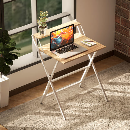 Small Folding Desk W/ Monitor Shelf 81.5 Cm Foldable Computer Desk Rustic Brown