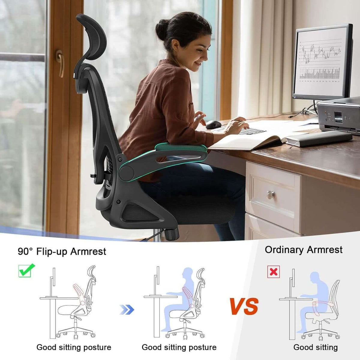 Black Ergonomic Mesh Office Chair | Lumbar Support & Flip-Up Arms