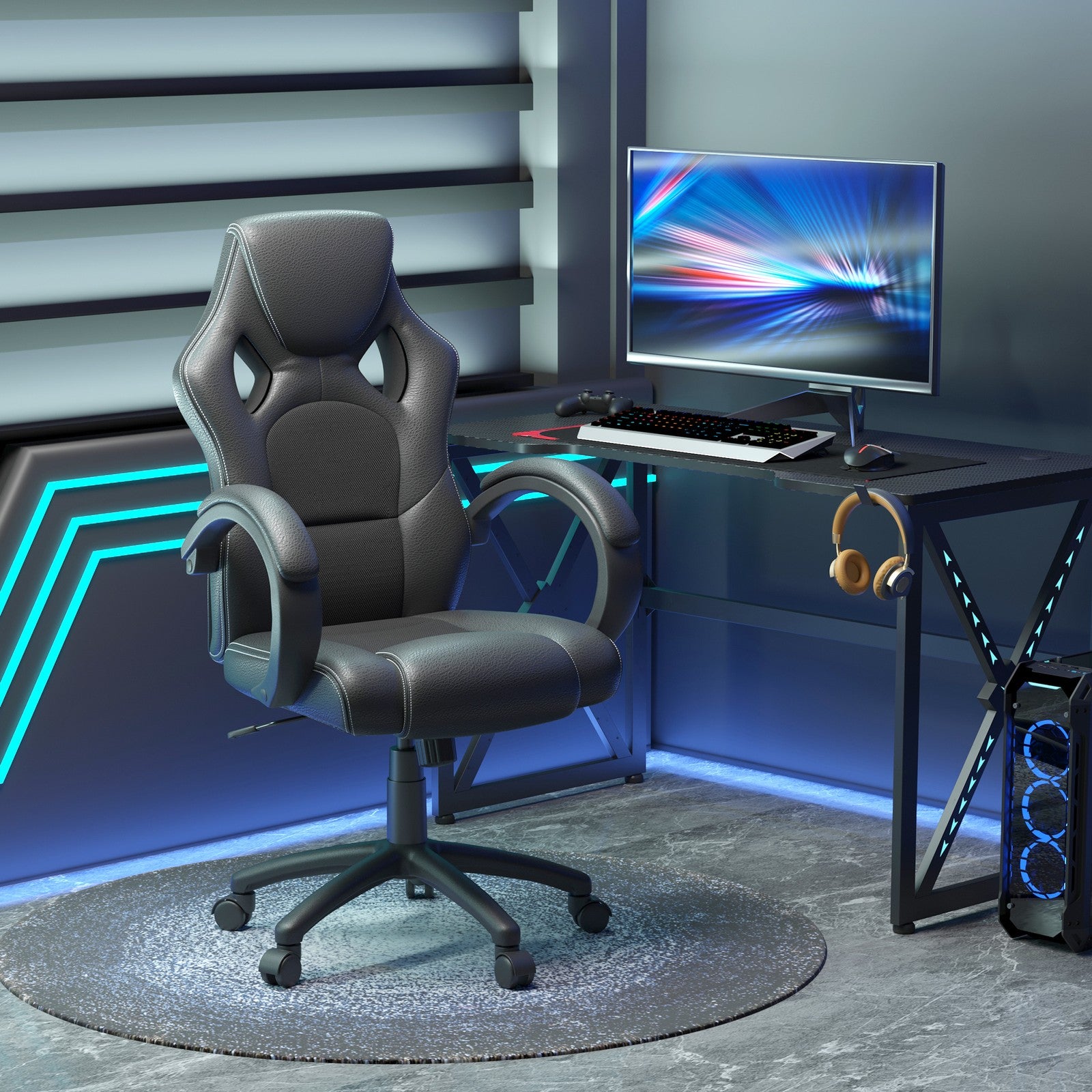 Vinsetto Racing Gaming Chair, PU Leather Swivel Office Gamer Chair Black