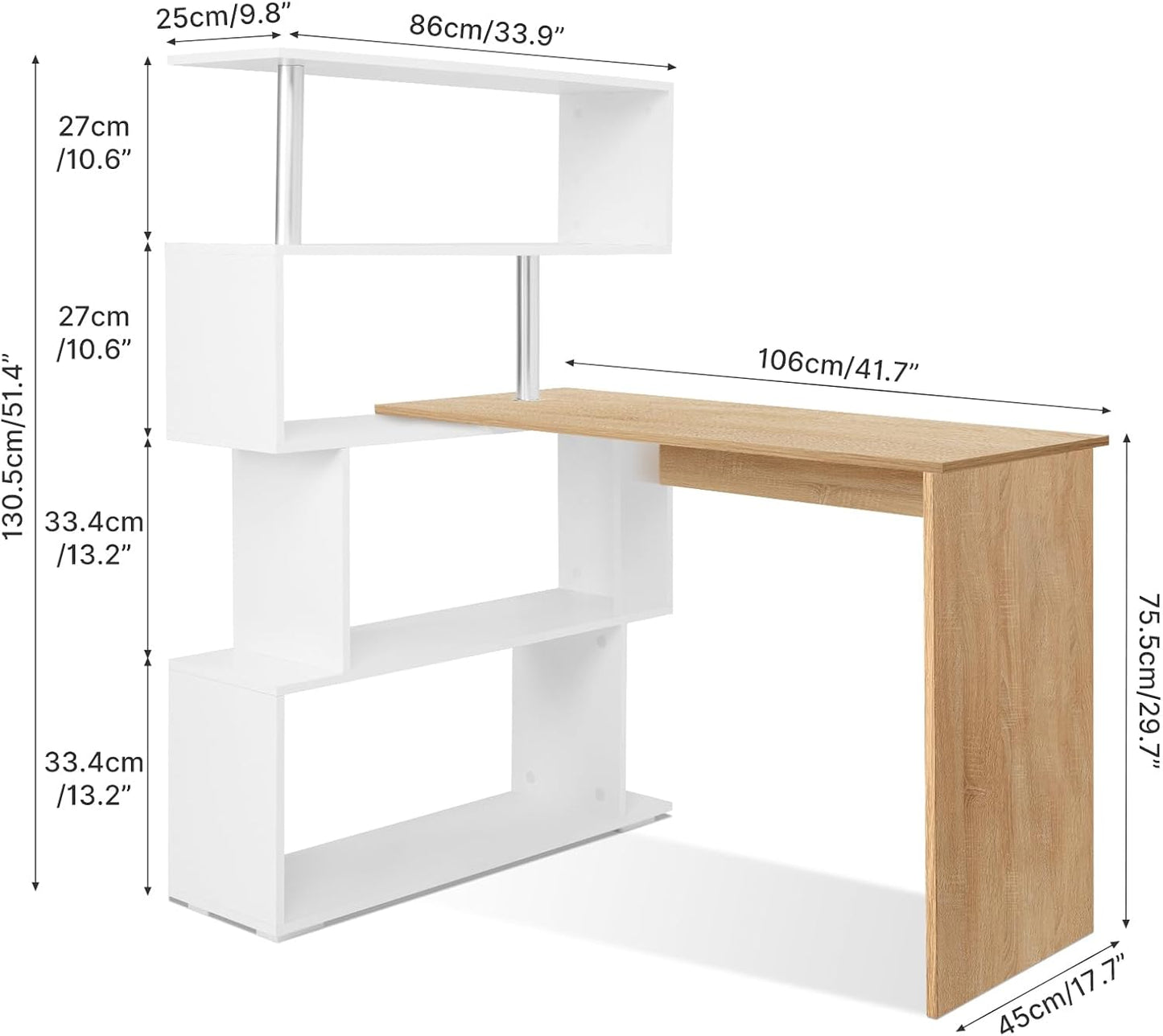 Corner Desk, L Shaped Desk with Rotatable Storage Shelves Oak&White