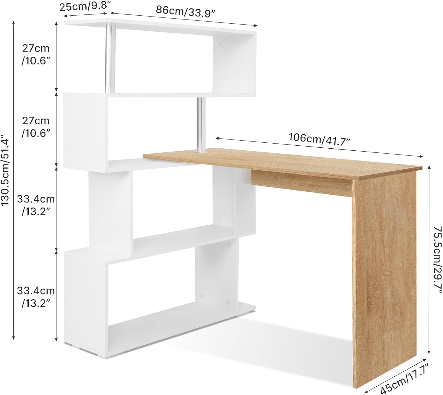 Corner Desk, L Shaped Desk with Rotatable Storage Shelves Oak&White