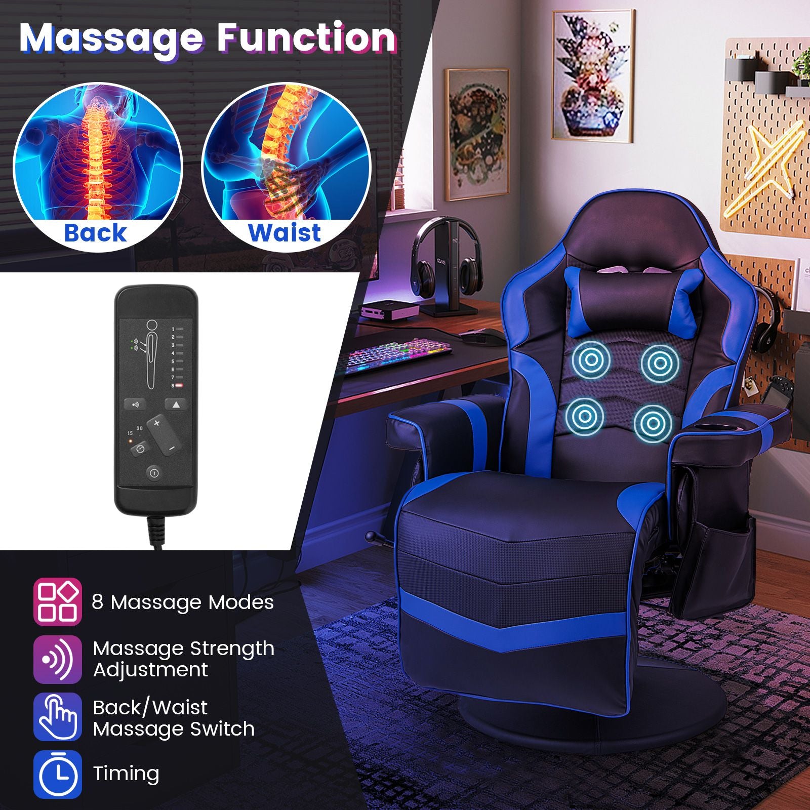 Electric Massage Gaming Chair with Cup Holder and Side Pouch