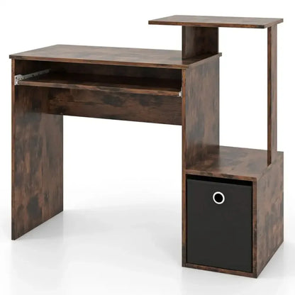Space-Saving Computer Desk with Open Shelf and Fabric Storage Drawer - Ergo Heights
