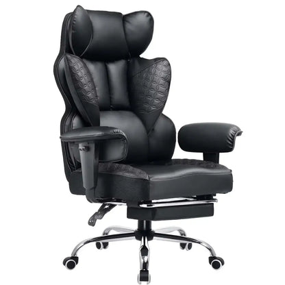 Black leather office chair with quilted diamond-patterned backrest and seat, featuring a high-density cushioning design.