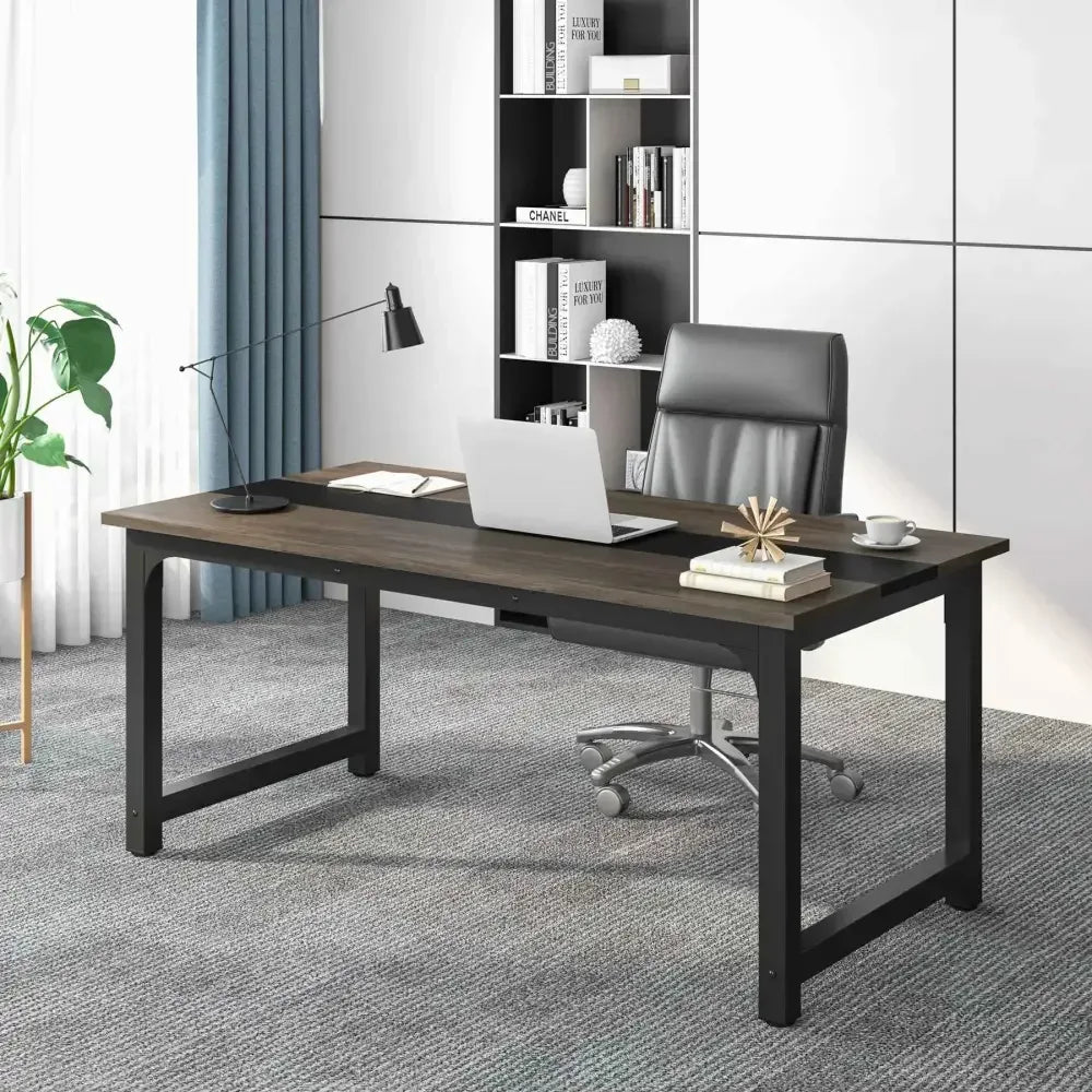 Spacious Computer Desk with Rustic Wood Top and Black Metal Frame - Ergo Heights