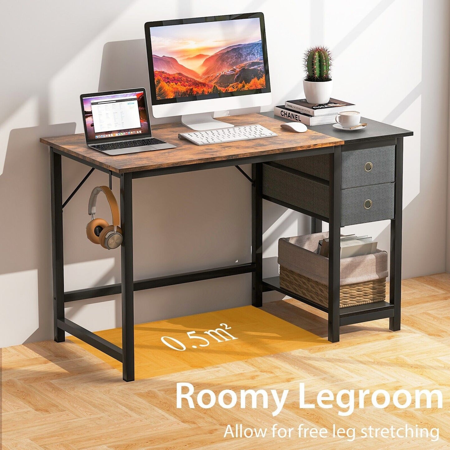 120 Cm Home Office Desk Writing Desk Modern Computer Workstation with 2 Drawers
