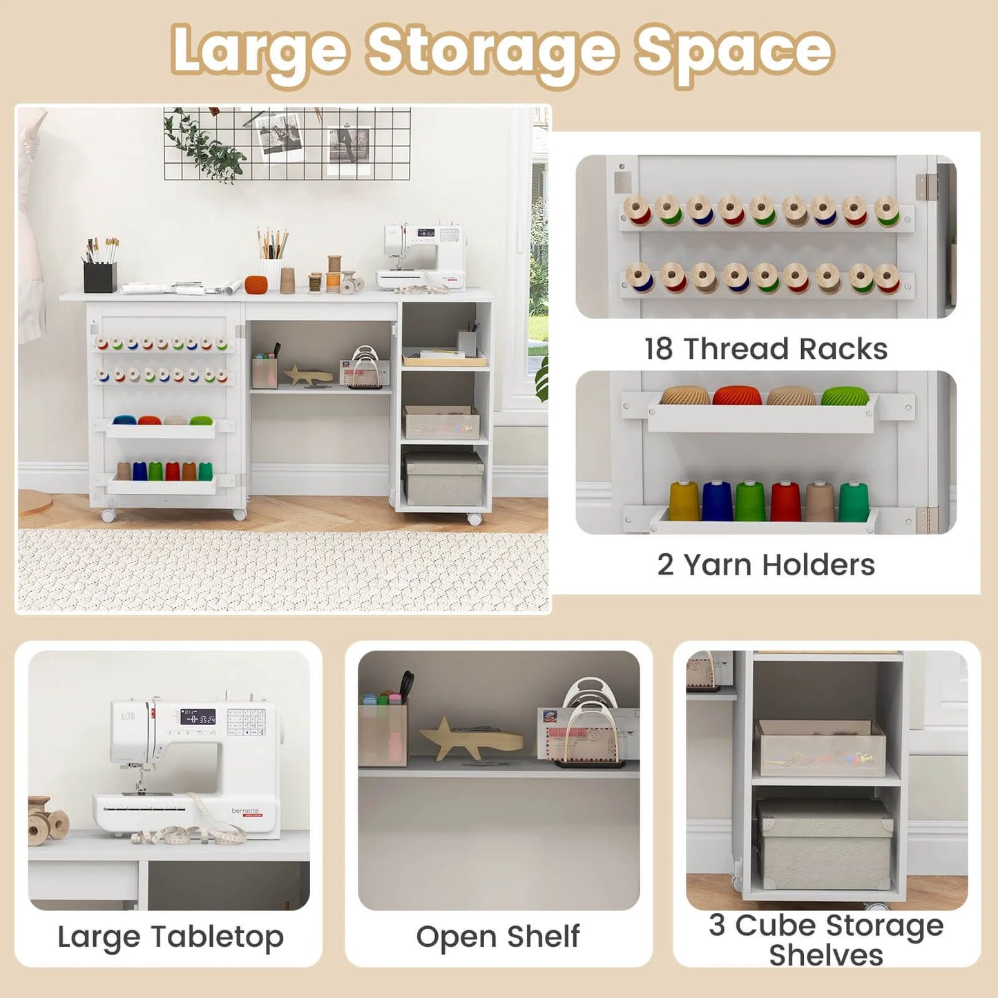 Folding Sewing Table with Storage Shelves and 18 Pegs and Lockable Casters