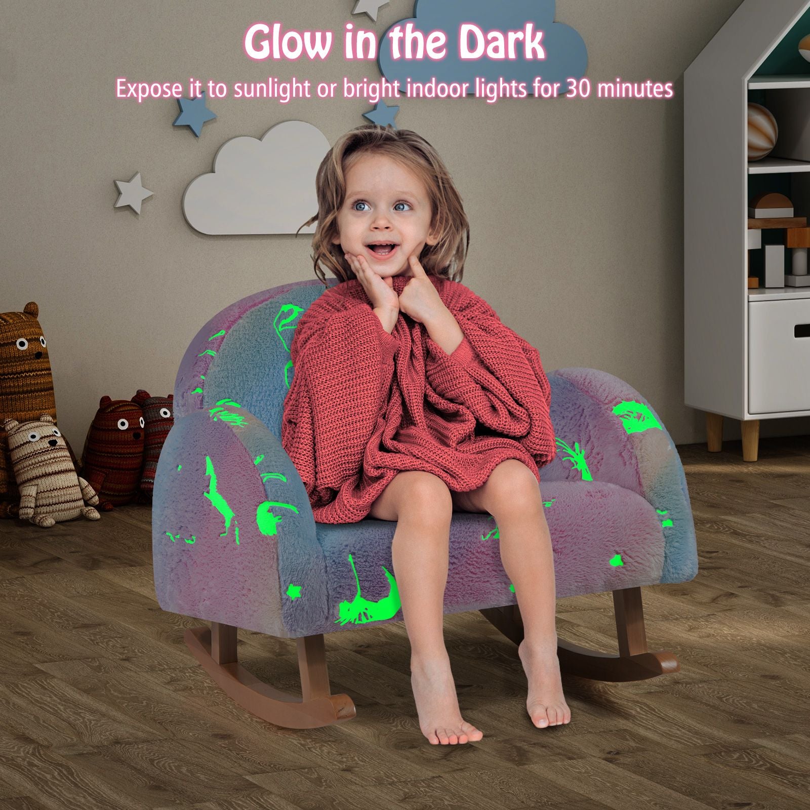 Upholstered Kids Rocking Chair with Luminous Effect and Poplar Wood Rocking Feet