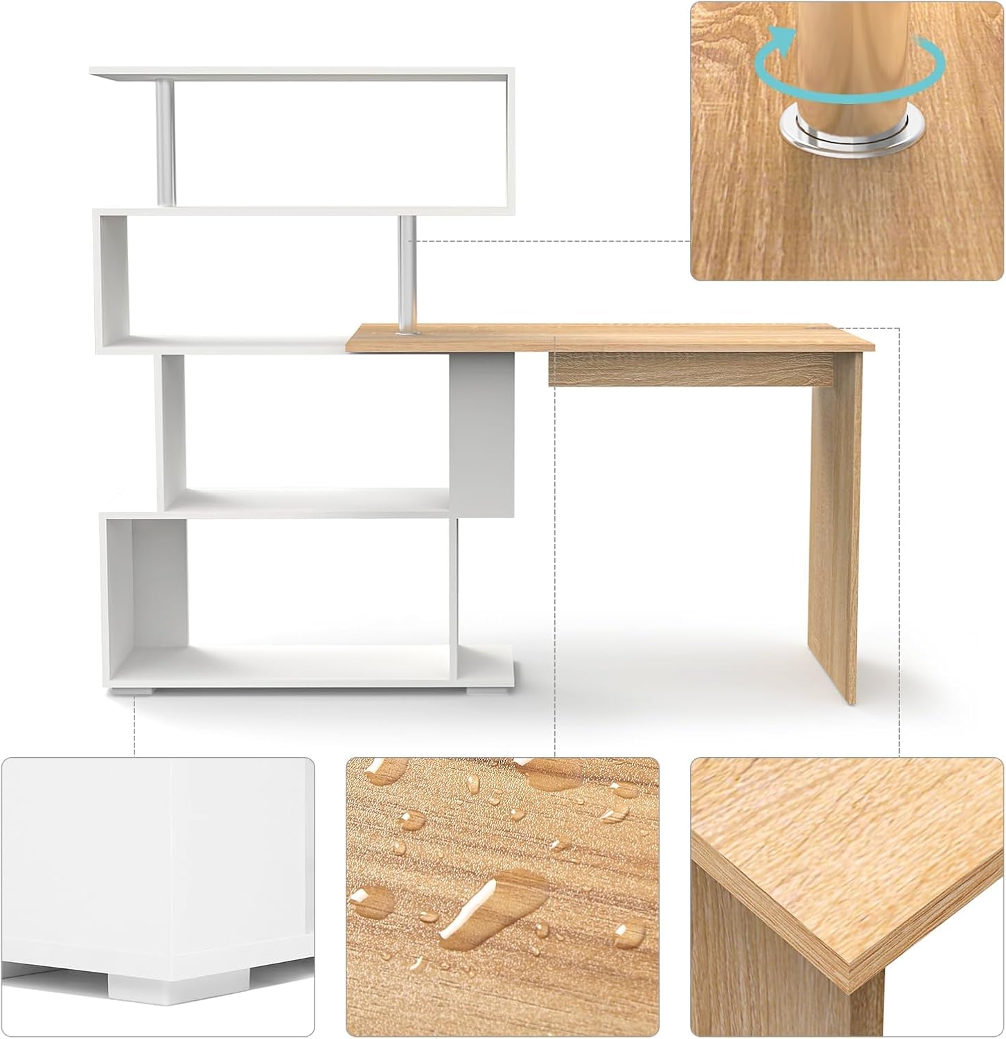 Corner Desk, L Shaped Desk with Rotatable Storage Shelves Oak&White