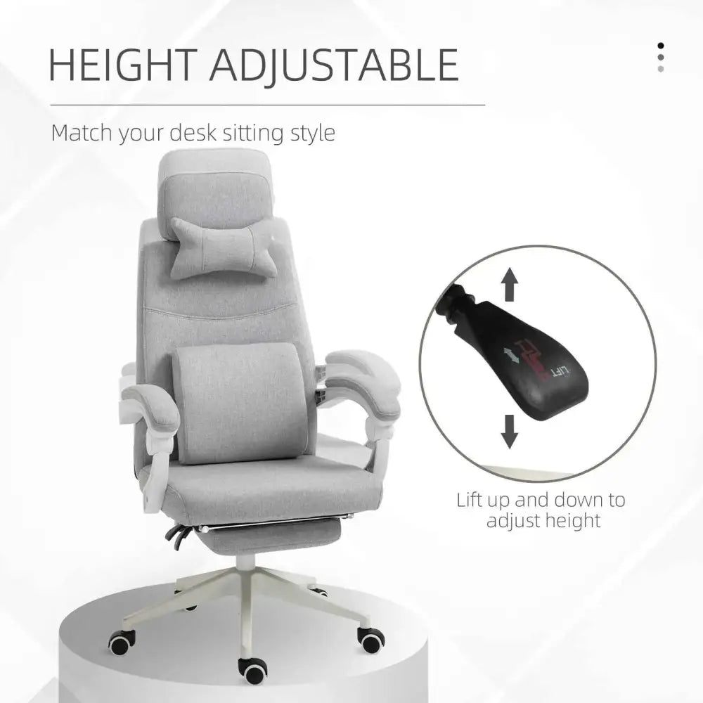 Gray height-adjustable office chair with padded lumbar and headrest support, featuring a five-star base with casters.