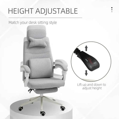 Gray height-adjustable office chair with padded lumbar and headrest support, featuring a five-star base with casters.