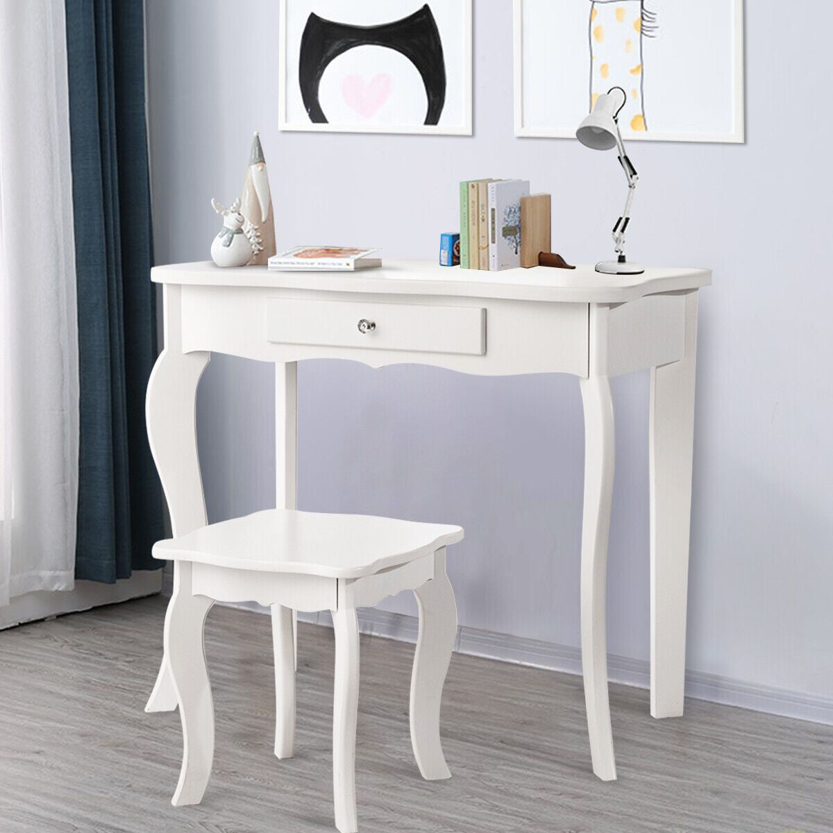 Kids Wooden Vanity Table and Stool Set with Detachable Top Folding Mirrors