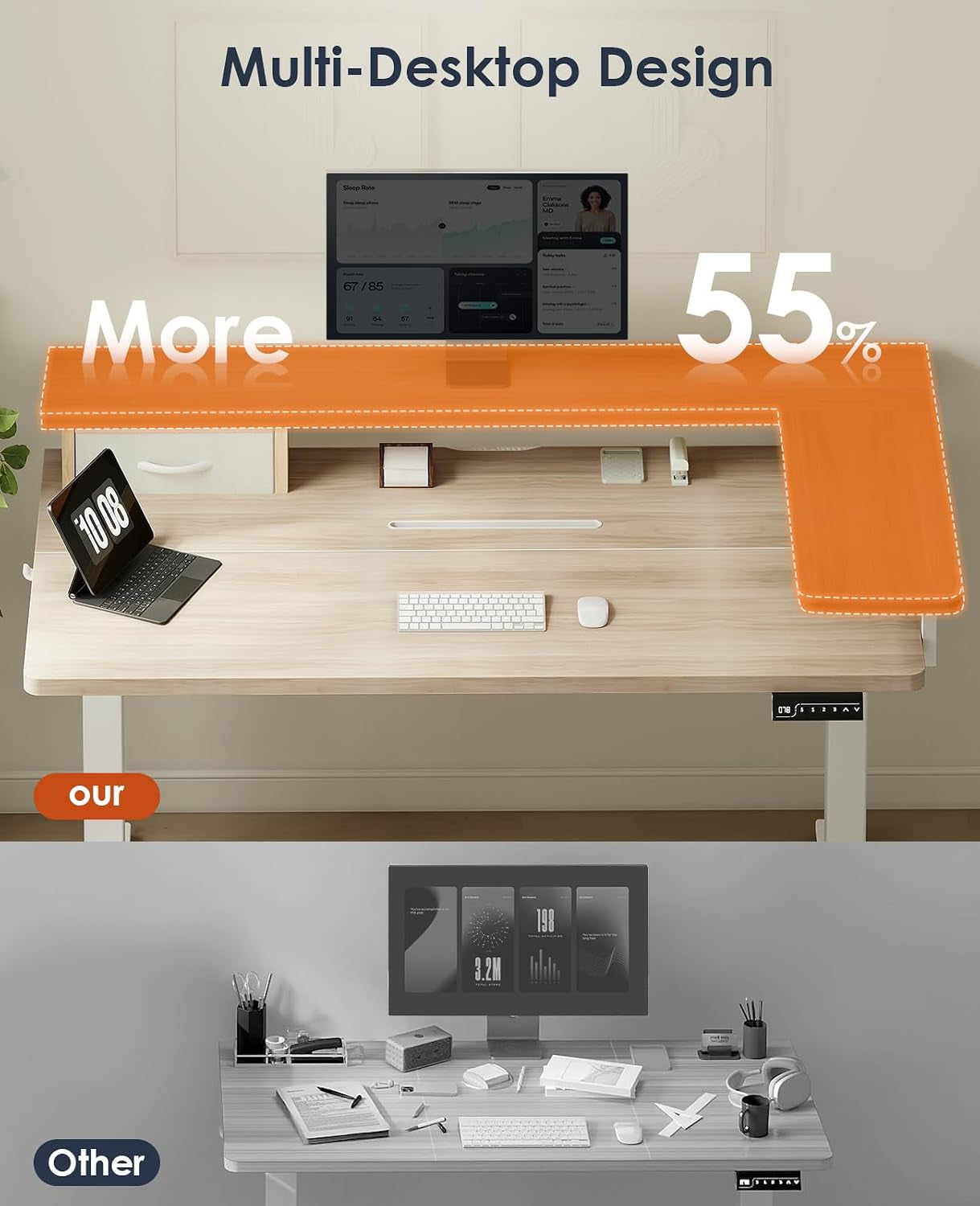 Standing Desk with Drawers & Monitor Stand, USB Port, 120Cm Beige