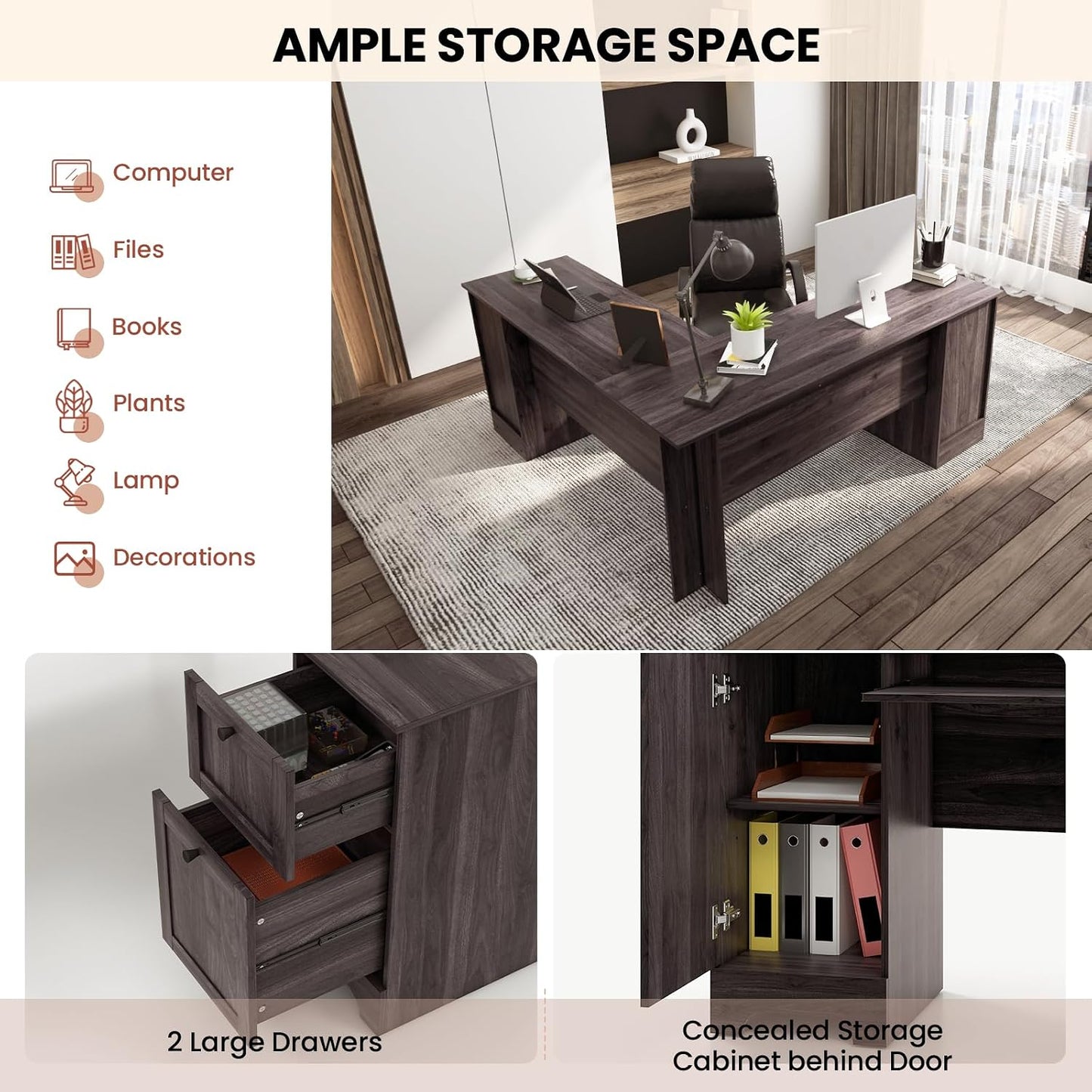 L-Shaped Computer Desk, 170Cm Reversible Corner Desk with Drawers, Cabinet & Keyboard Tray, Modern Office Desk Wooden PC Laptop Table for Home Office Bedroom (Dark Brown)