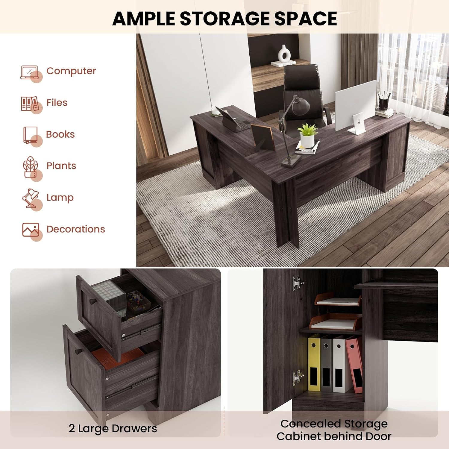 L-Shaped Computer Desk, 170Cm Reversible Corner Desk with Drawers, Cabinet & Keyboard Tray, Modern Office Desk Wooden PC Laptop Table for Home Office Bedroom (Dark Brown)