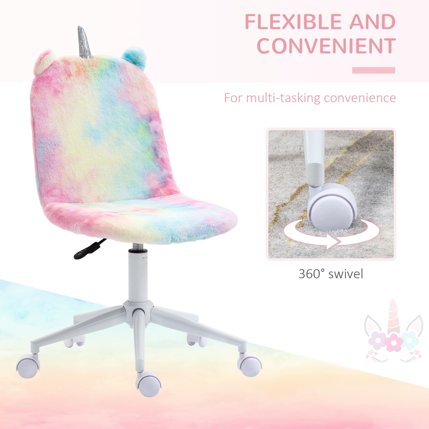 Fluffy Unicorn Office Chair with Swivel Wheel, Cute Desk Chair, Rainbow