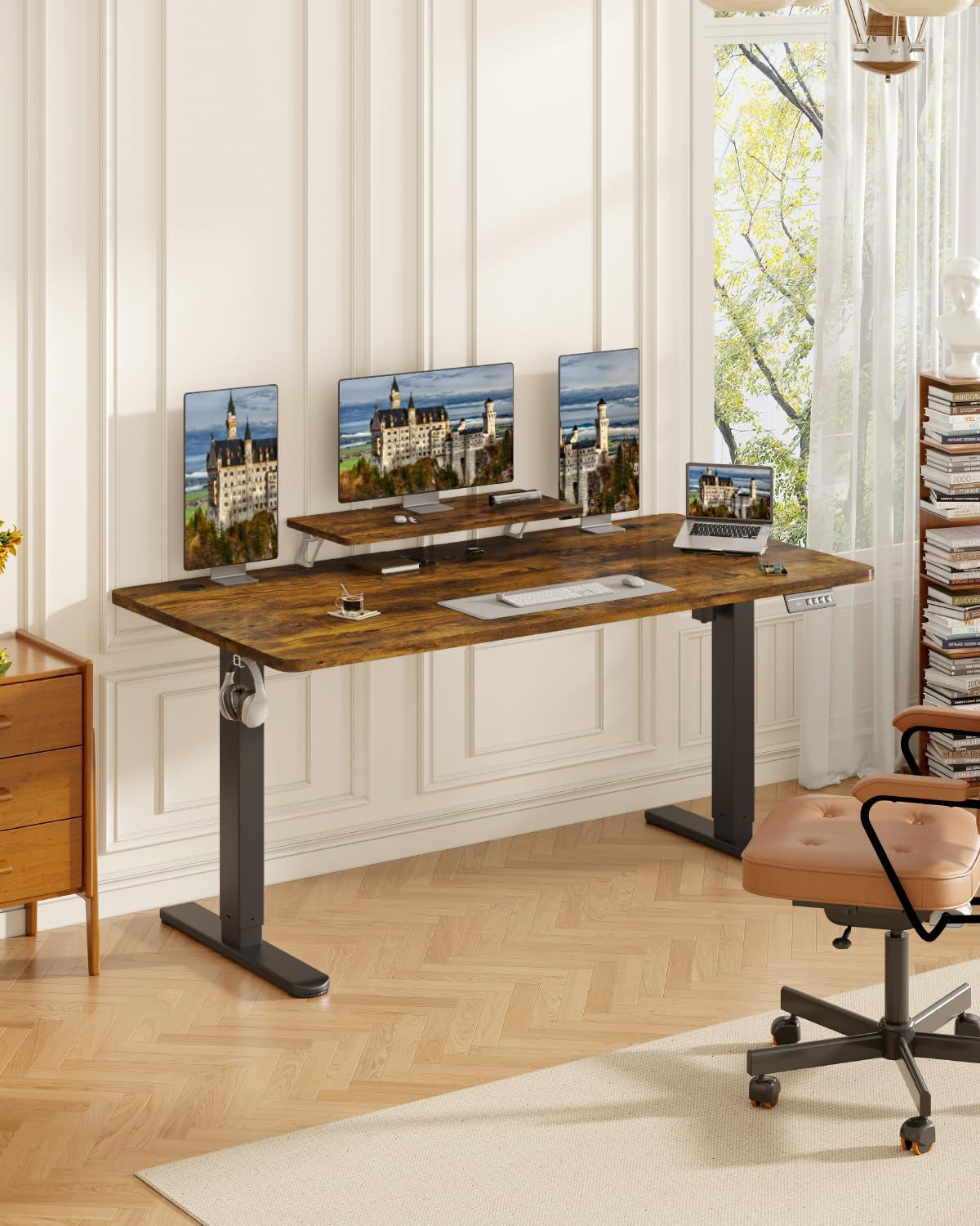 Electric Standing Desk 160 X 70Cm with Monitor Stand, Height Adjustable Desk for Gaming, Home Office Table with 2 Memory Smart Pannel (Rustic Brown)