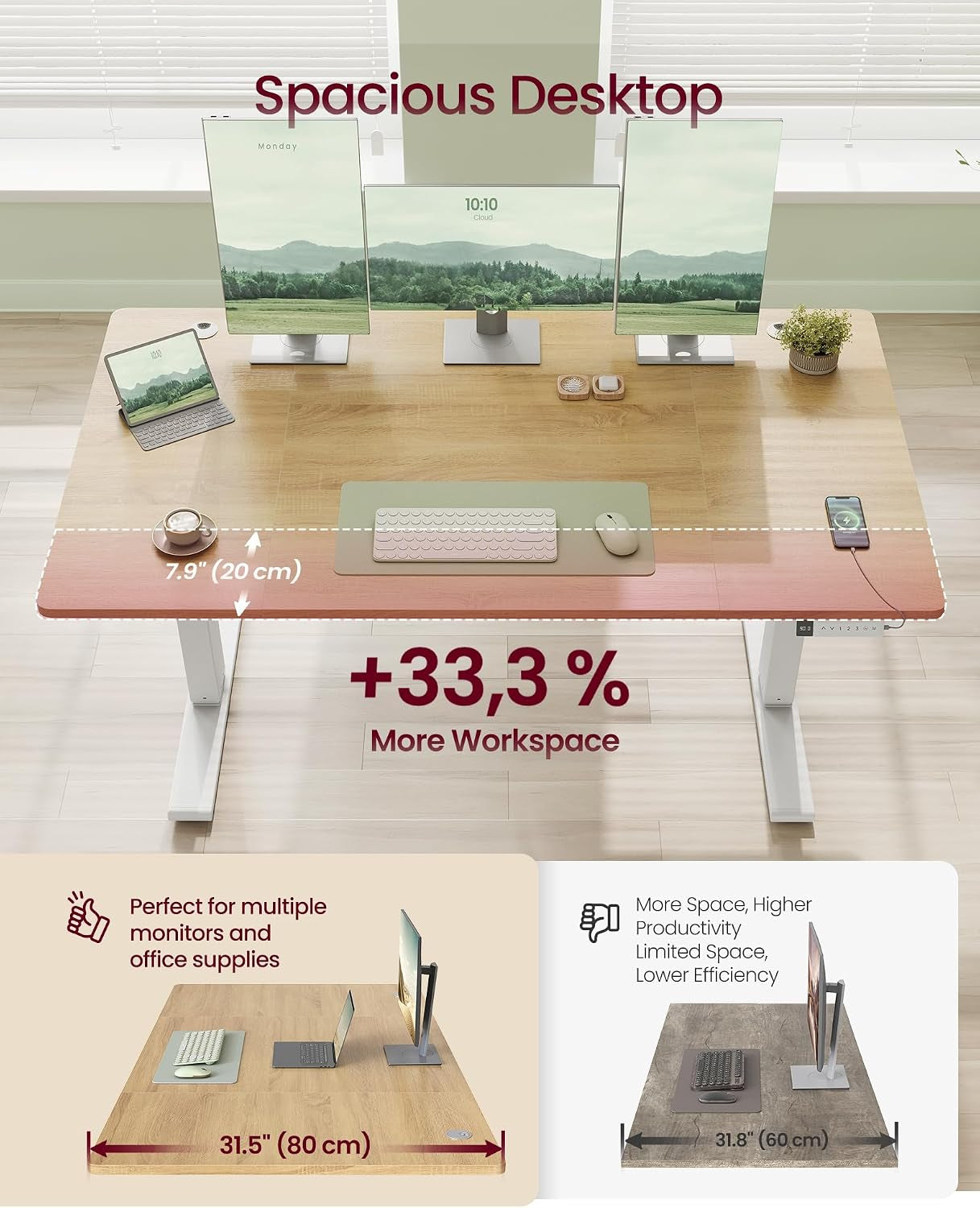 Electric Standing Desk, USB C Port, Cable Tray, Golden Oak
