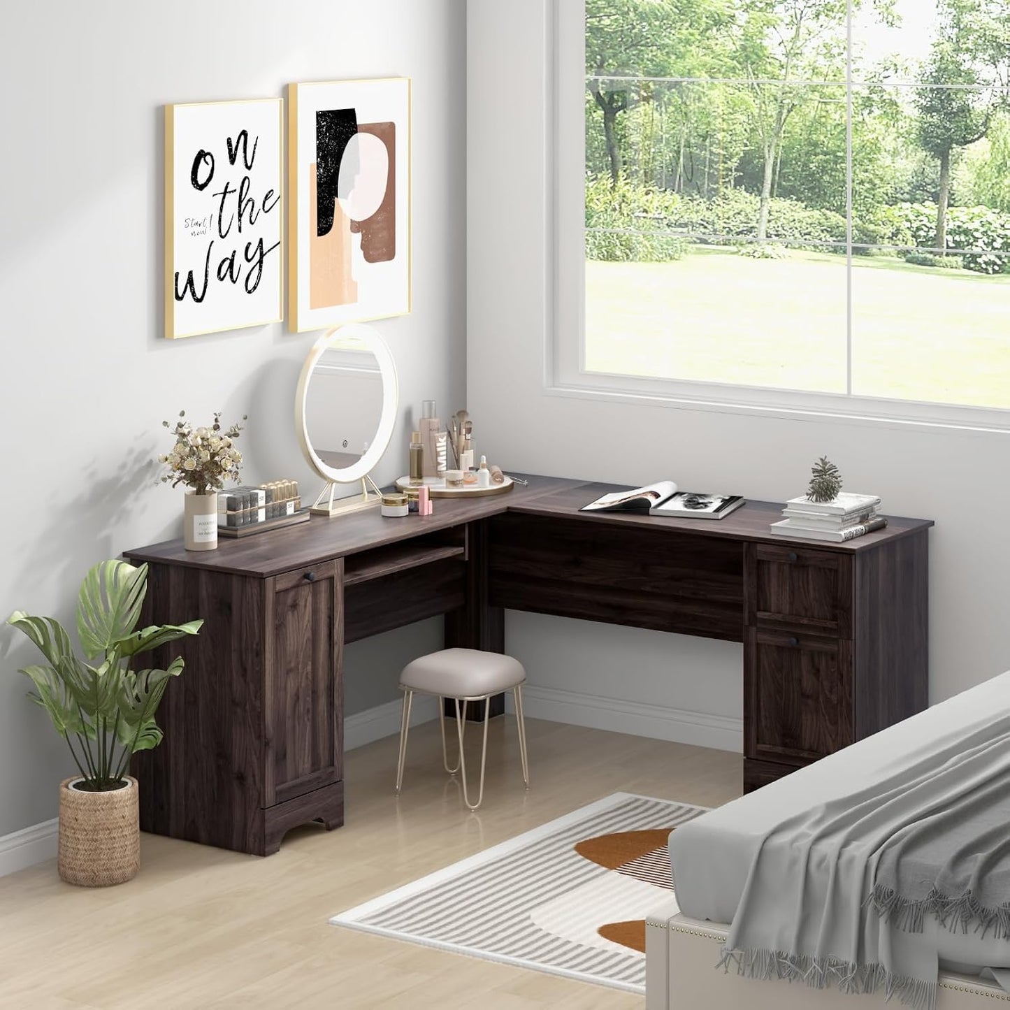 L-Shaped Computer Desk, 170Cm Reversible Corner Desk with Drawers, Cabinet & Keyboard Tray, Modern Office Desk Wooden PC Laptop Table for Home Office Bedroom (Dark Brown)