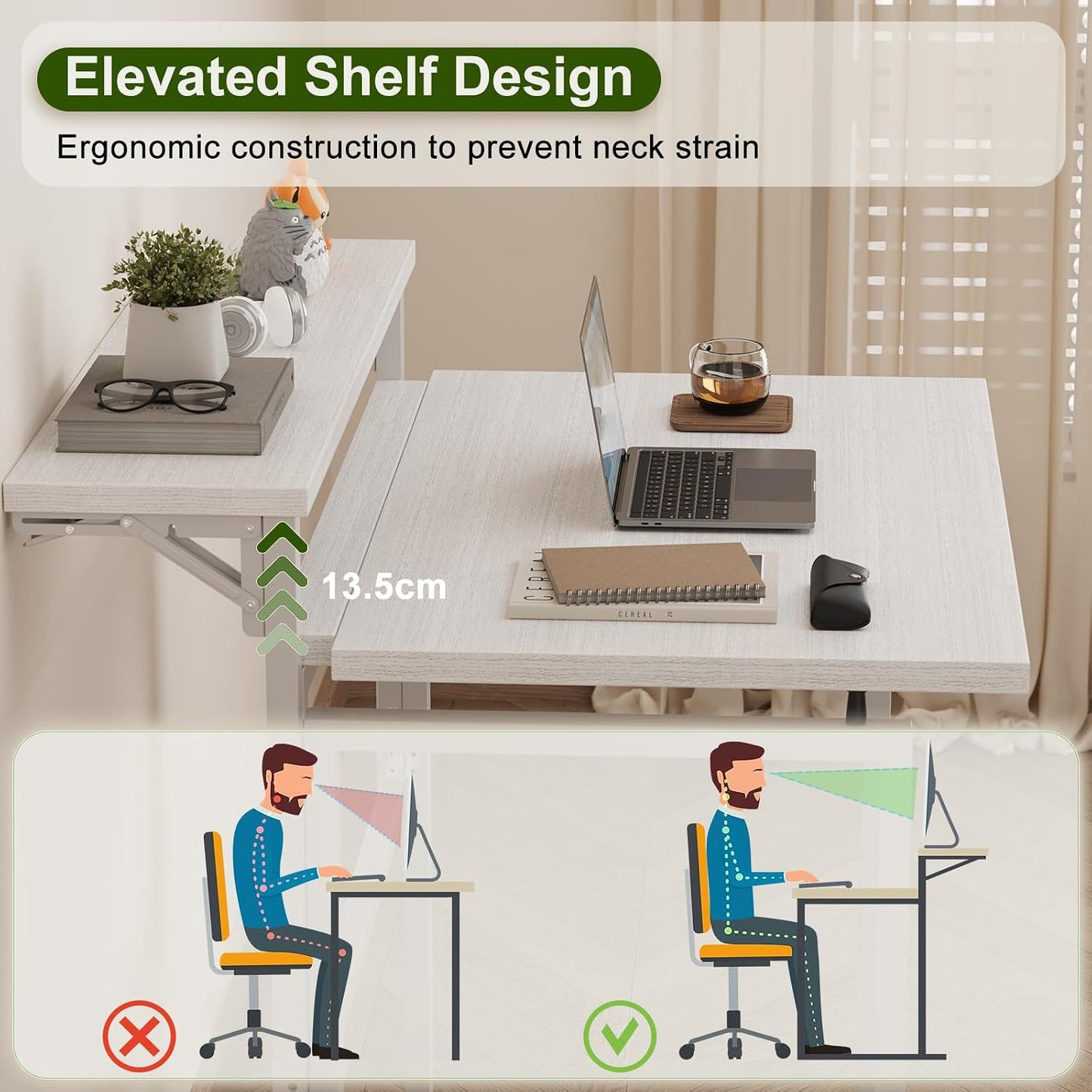Foldable Desk,Small Desk with Monitor Shelf,2-Tier Folding Table for Home, Office, School, Computer Desk for Small Space,White