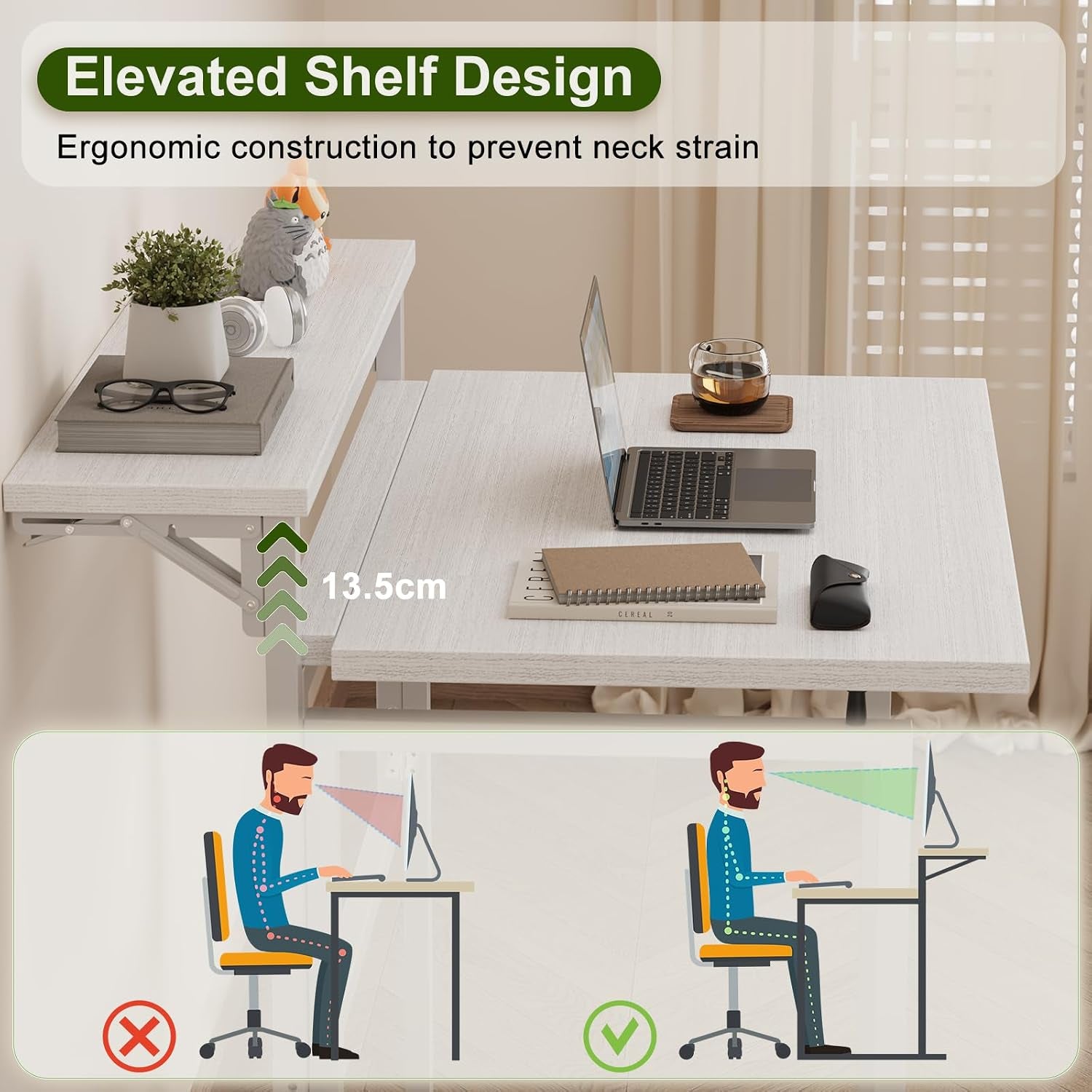Foldable Desk,Small Desk with Monitor Shelf,2-Tier Folding Table for Home, Office, School, Computer Desk for Small Space,White