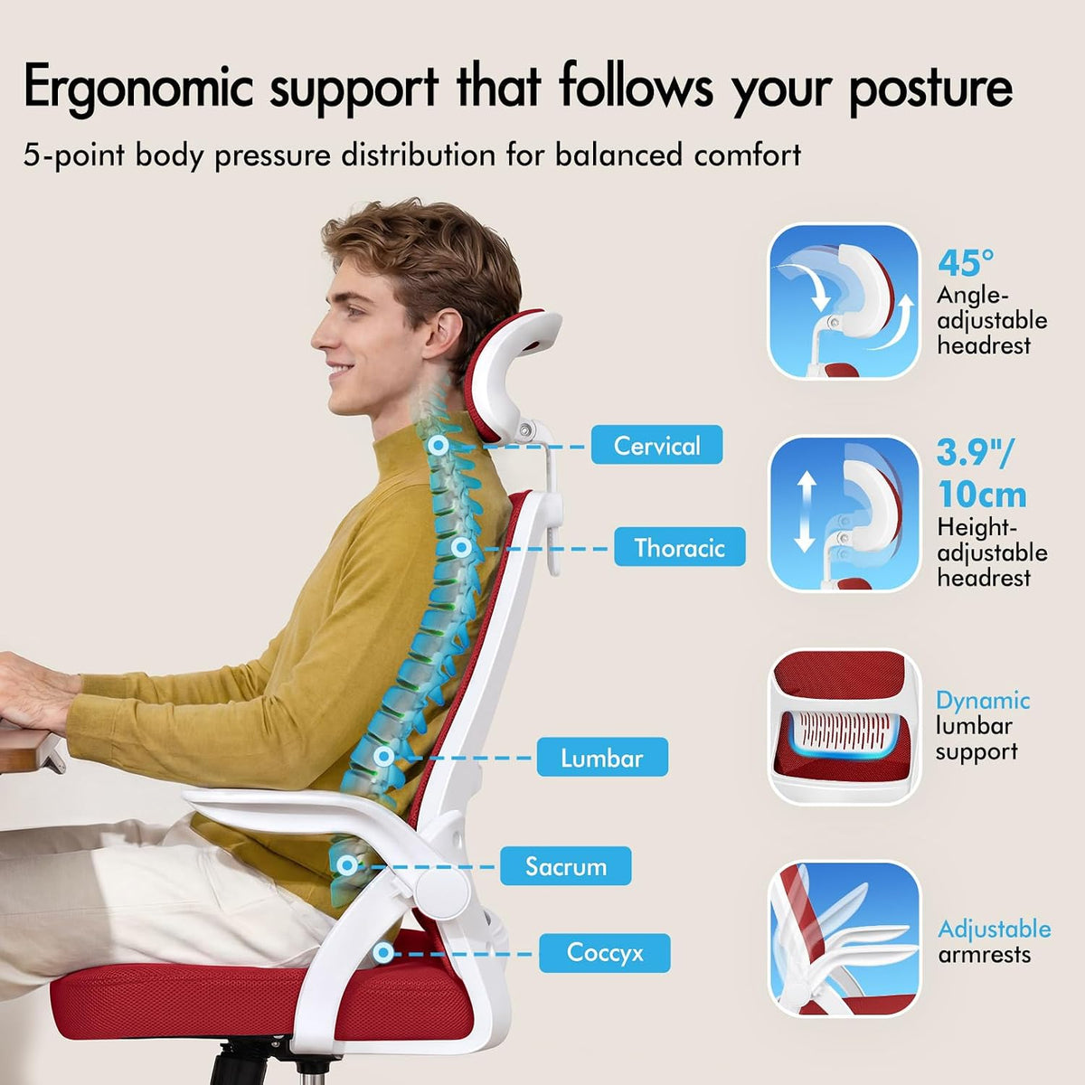 Ergonomic Office Chair, Mesh Desk Chairs with Headrest Lumbar Support, Executive Computer Swivel Chairs with Flip-Up Armrests, Comfy Seat, Height Adjustable, Rocking for Home, White & Red