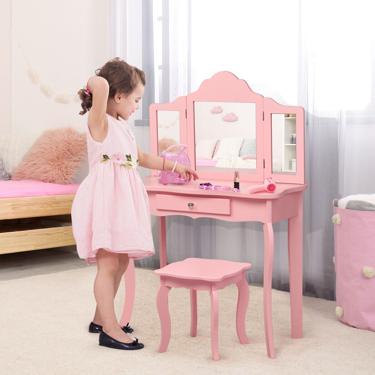Kids Wooden Vanity Table and Stool Set with Detachable Top Folding Mirrors