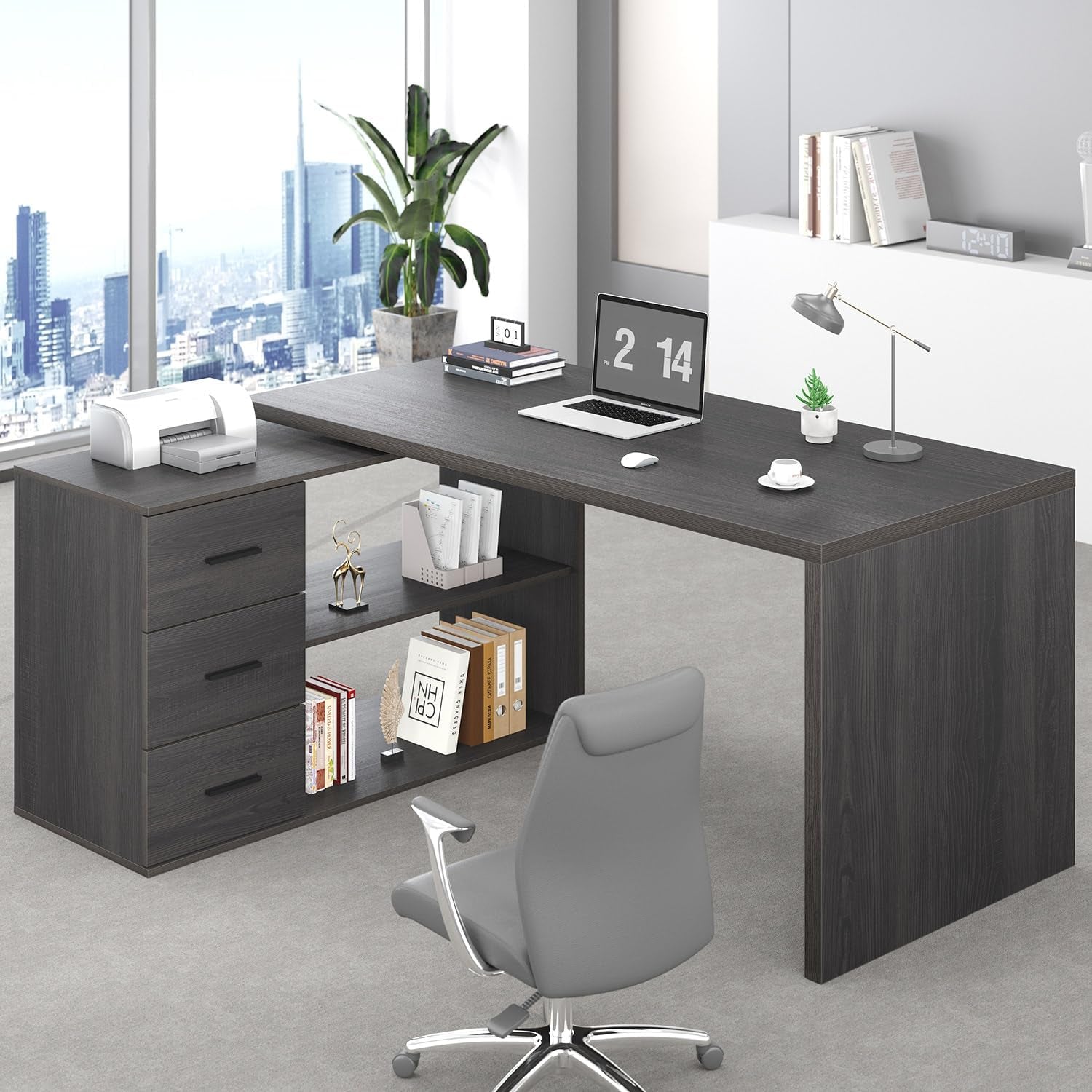 L Shaped Computer Desk Corner Home Office Desk with Drawers 150Cm Grey